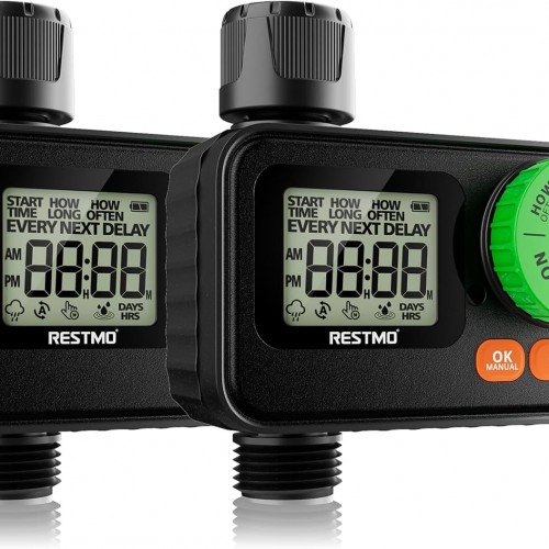 [2 Pack] RESTMO Sprinkler Timer, Programmable Water Timer for Garden Hose, Automatic Digital Control | Manual ON/Off | Rain Delay for Outdoor Faucet, Drip Irrigation and Lawn Watering System