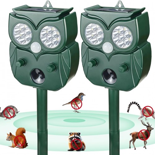 [2025 Upgrade] Solar Animal Repellent Outdoor for Deer Squirrel Mole Rabbit Cat Skunk Bird Raccoon Dog, Waterproof Ultrasonic Pest Repeller with Motion Detector and LED for Yard Lawns Garden 2 Pack